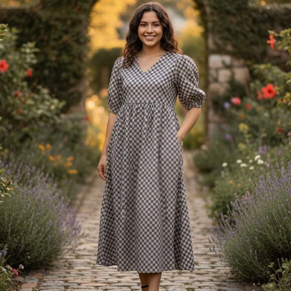 Adobe Dresses & Skirts - Adobe Lane NWT blue/brown Boho checkered pheasant maxi v neck Lagenlook dress S